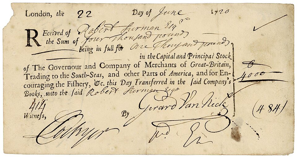 A 1720 South Sea Company stock certificate