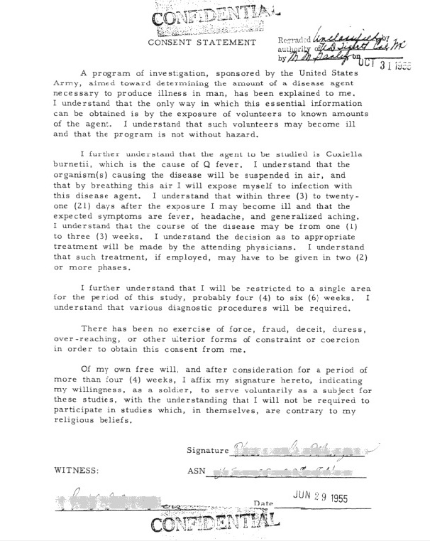 Scanned 1955 Operation White Coat consent statement describing Q fever exposure and showing signature lines.