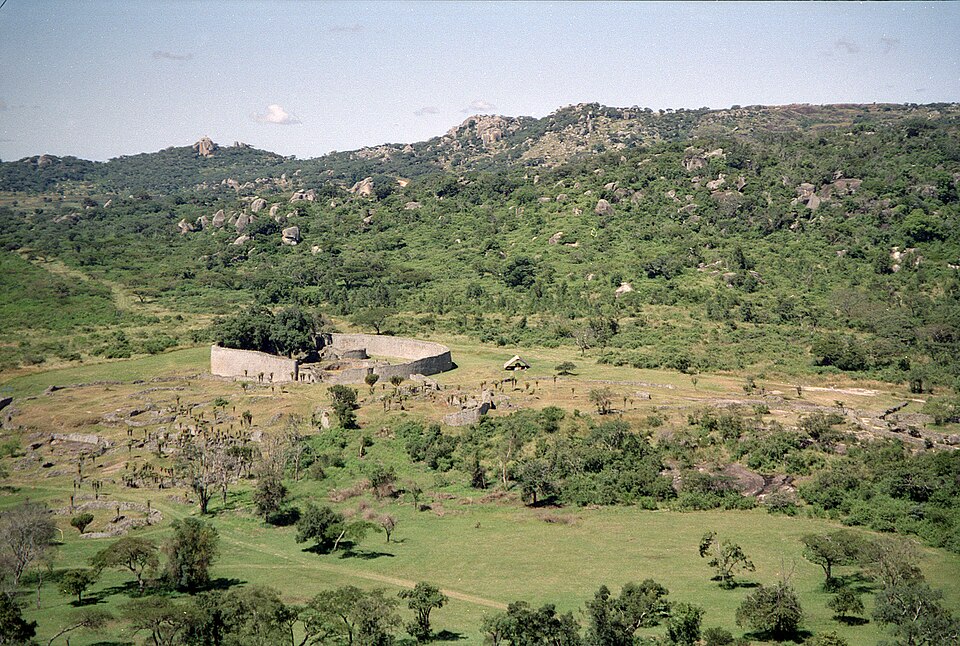The Great Enclosure at Great Zimbabwe amid surrounding hills and vegetation