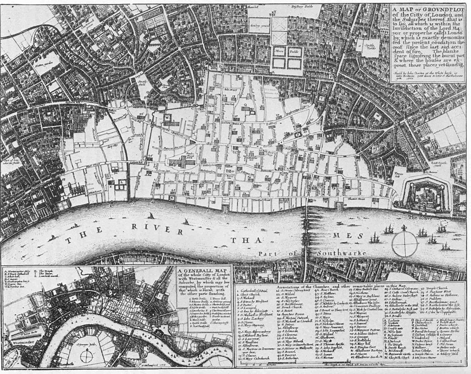 Wenceslaus Hollar’s period map of London marking the area destroyed by the 1666 fire