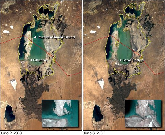NASA MODIS/Terra satellite views show Renaissance (“Rebirth”) Island joining the mainland between 2000 and 2001; geographic context, not evidence of biological-weapons activity.