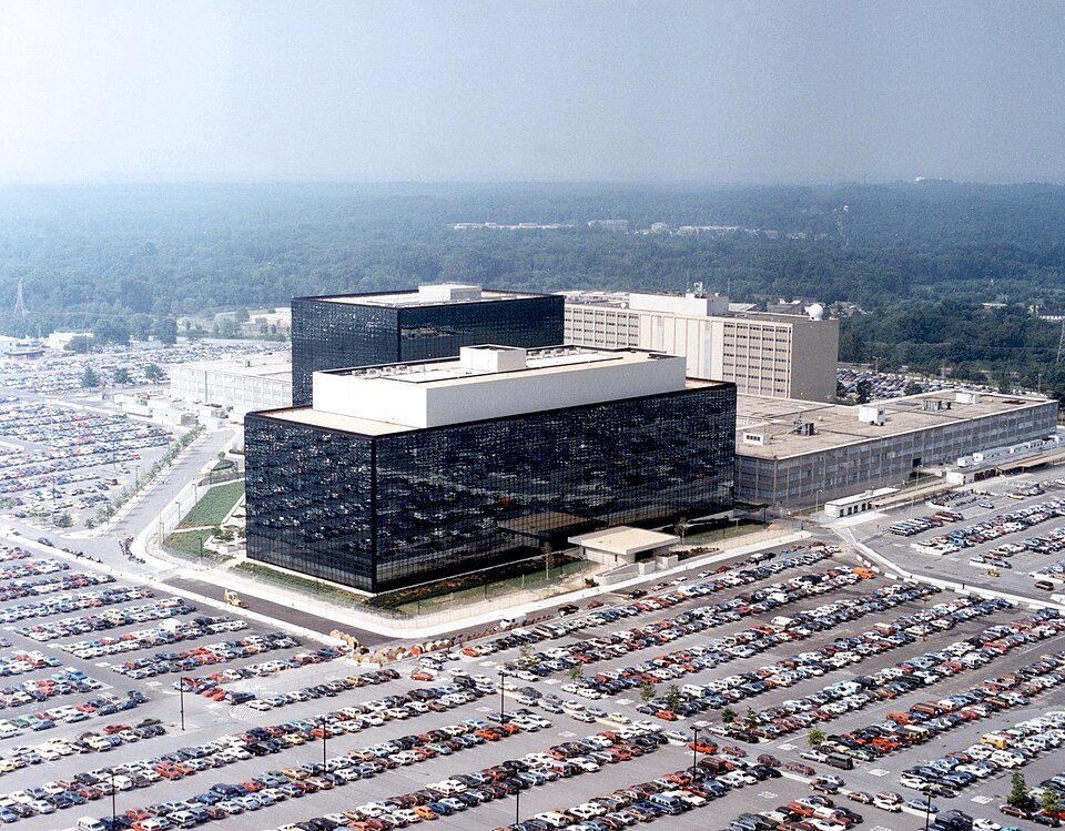 NSA headquarters at Fort Meade, shown as institutional context—not as a photograph of network taps or upstream collection.