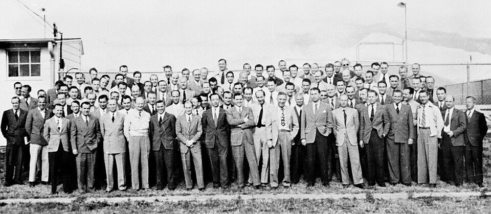 Group photograph of German rocket specialists at Fort Bliss in 1946, associated with Operation Paperclip.