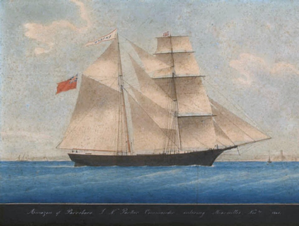 A painting of the brigantine Amazon entering Marseille in 1861
