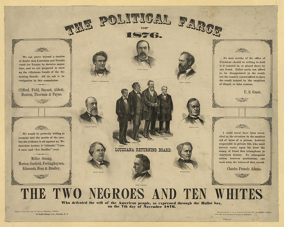 Political cartoon titled “The political farce of 1876.”