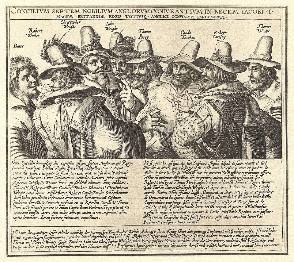 A historical group depiction of the Gunpowder Plot conspirators.