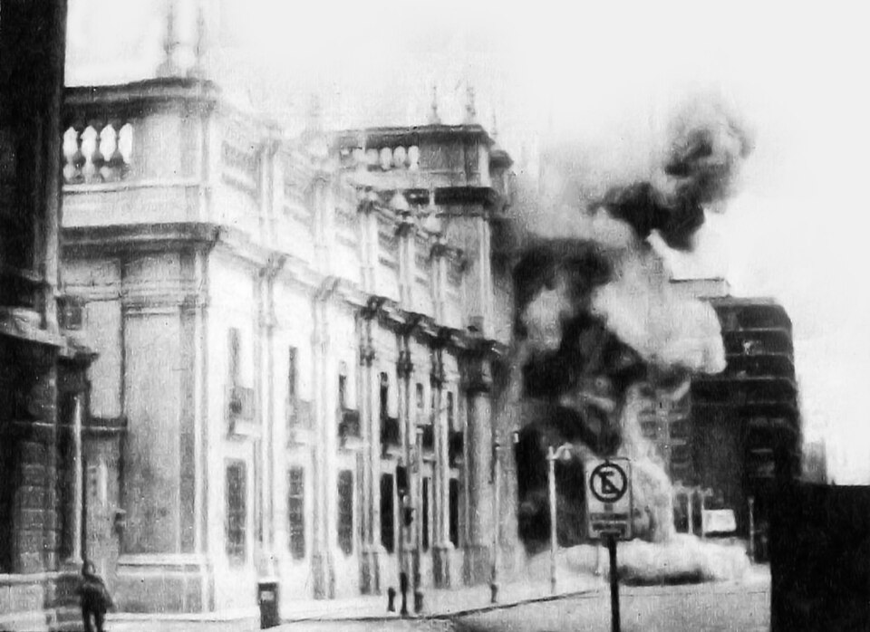 La Moneda during the September 1973 bombing in Chile.
