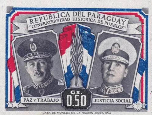 A 1955 Paraguayan postage stamp depicting Alfredo Stroessner and Juan Perón.