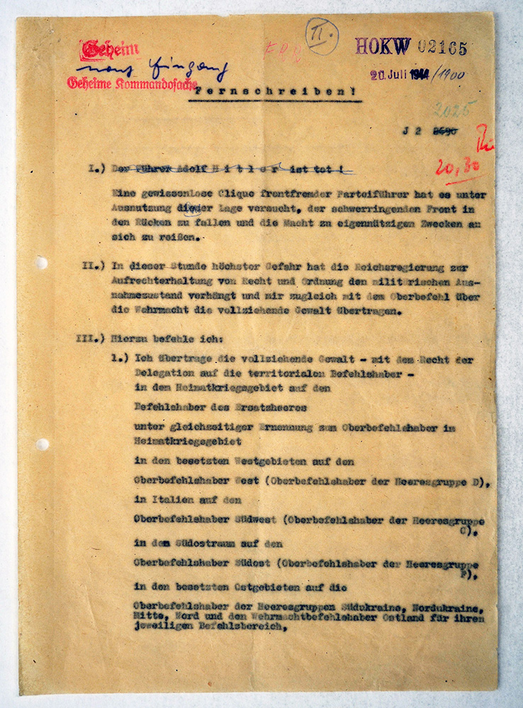 A Valkyrie telex declaring Hitler’s death.