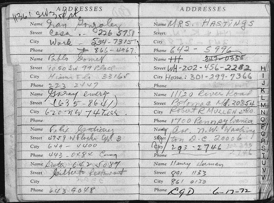 An address book recovered from Watergate burglar Bernard Barker’s room at the Watergate Hotel.