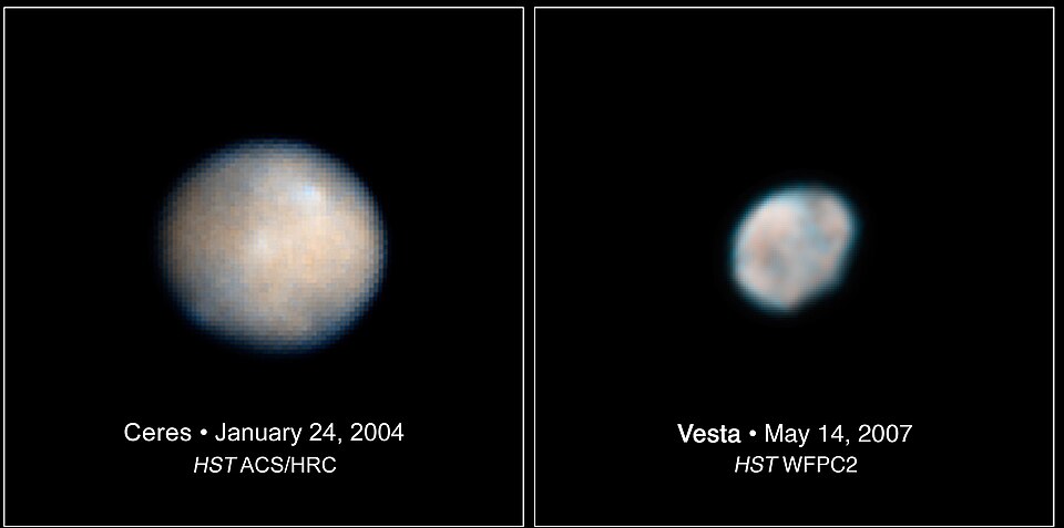 Hubble Space Telescope views comparing the asteroid-belt bodies Ceres and Vesta.