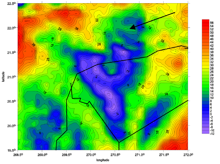 Map of the free-air gravity anomaly over the Chicxulub crater region.