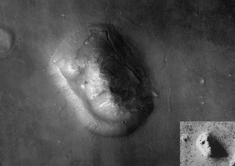 HiRISE and earlier Viking views of the Cydonia landform once called the Face on Mars.