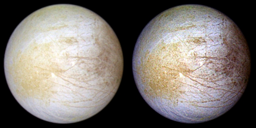 Global mosaic of Jupiter’s moon Europa shown in natural and enhanced colors.