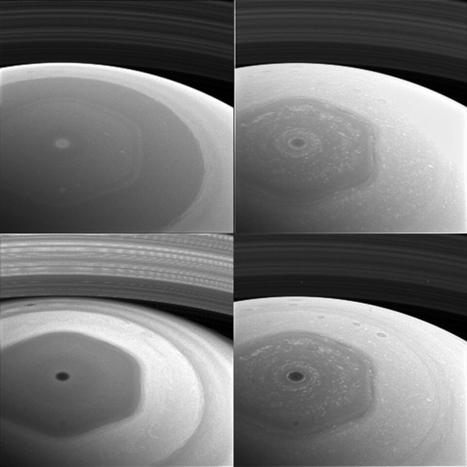 Cassini views of Saturn’s north-polar hexagonal atmospheric pattern.