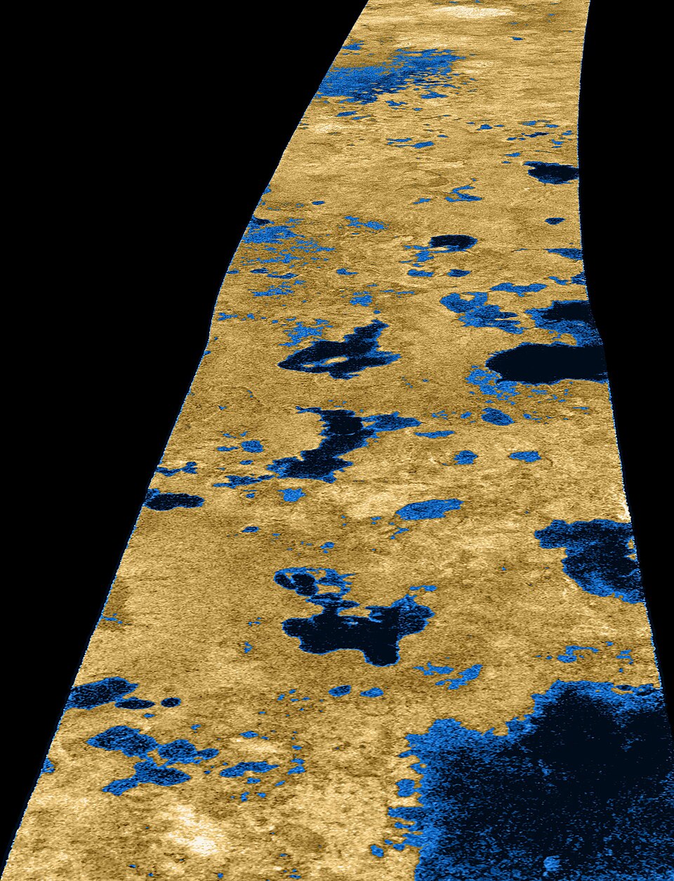 Cassini radar image showing liquid hydrocarbon lakes on Titan’s surface.