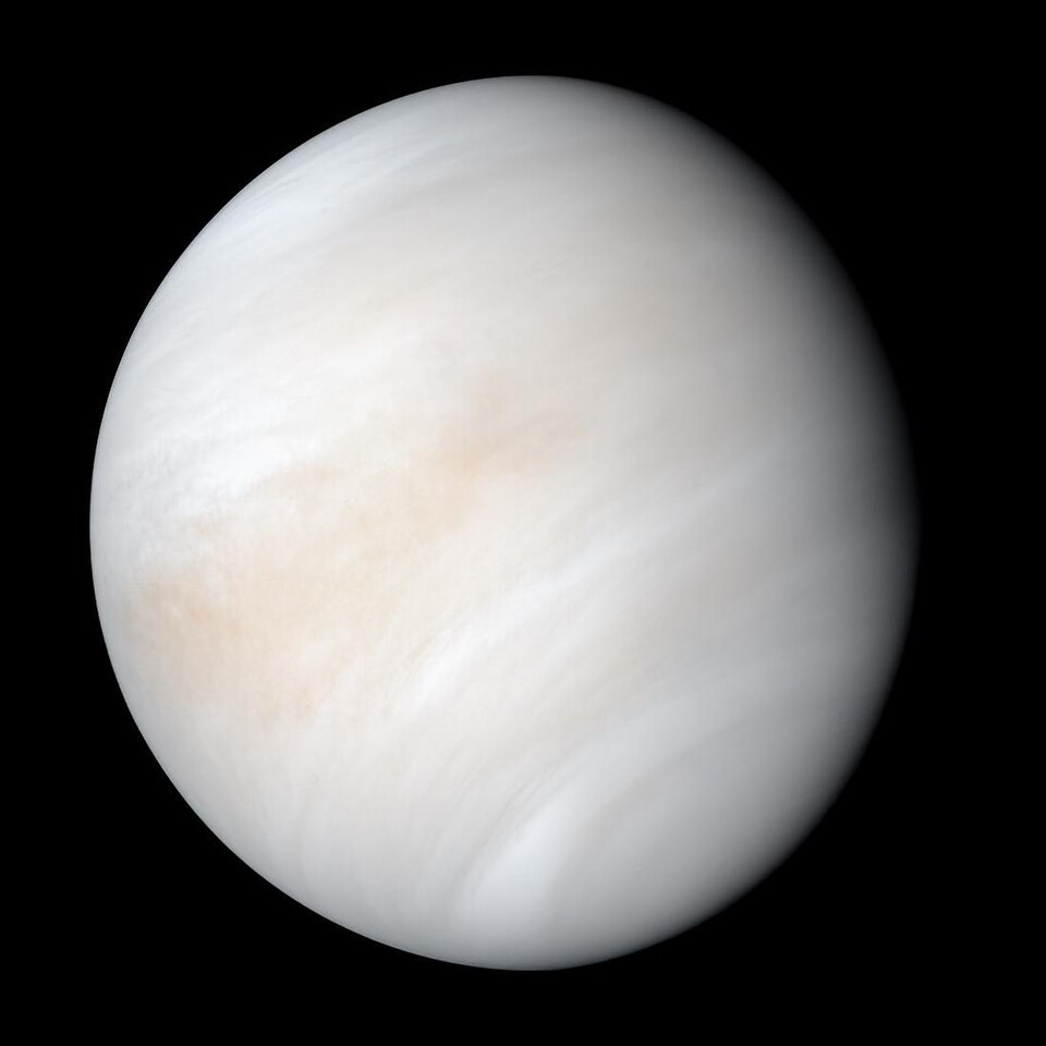 Mariner 10 views of Venus’s cloud-covered disk in natural and enhanced contrast.