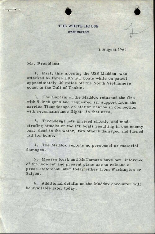 Scanned White House memorandum dated 2 August 1964 reporting an attack on USS Maddox