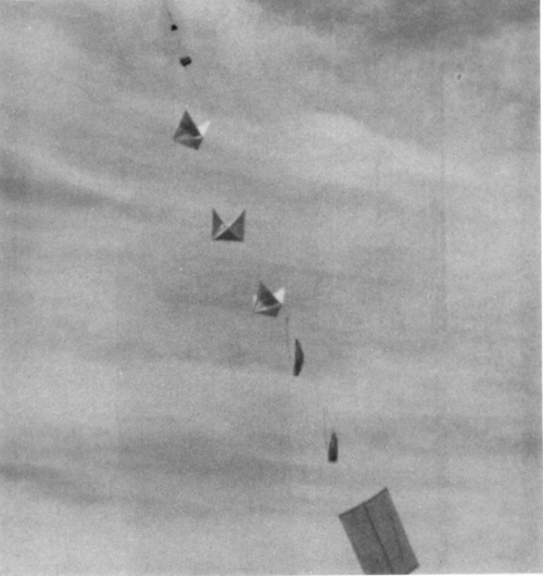 Black-and-white image of a Project Mogul balloon train with its attached components